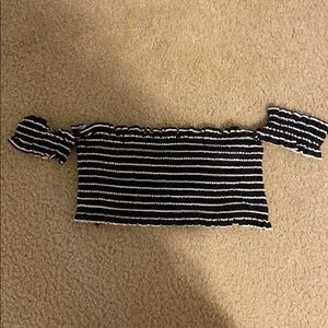 strapless black and white striped bikini top.